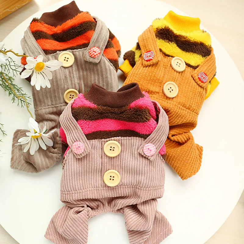 

Fleece Strips Dog Coat 4 Legs Dog Jumpsuit Turtleneck Sweater Puppy Clothes Corduroy Pants Overalls Outfit Pet Costume For Dogs