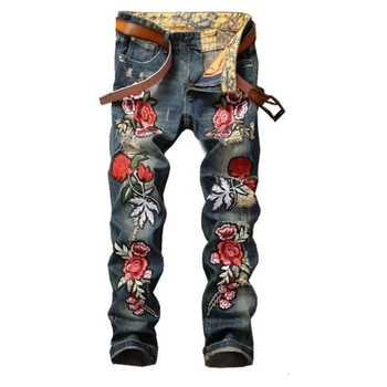 

Brand jeans men denim flowers of embroidery designer jeans men high quality classic and fashion men jeans #0791