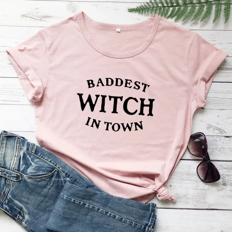peach-black text Baddest ведьма в городе футболка Веселая крутая Девушка Crewneck черная хипстерская безрукавка Топ Женская одежда письмо печати Хэллоуин подарок футболка - Цвет: peach-black text