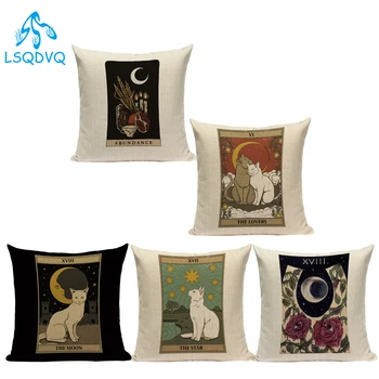 

Decorative Throw Pillows Case Animals Cat Tarot Card Divination Pillows Cushion Cover Cotton Linen Sofa Home Living Room