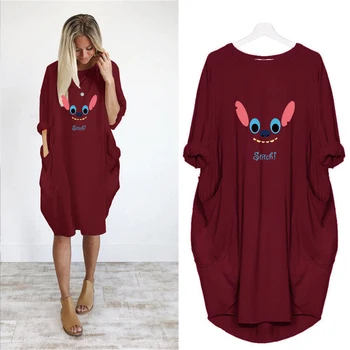 

Dress Women Autumn Cartoon Printing Pocket Loose Dresses Vintage Maxi Clothes Party Casual Dresses Woman Plus Size Dress