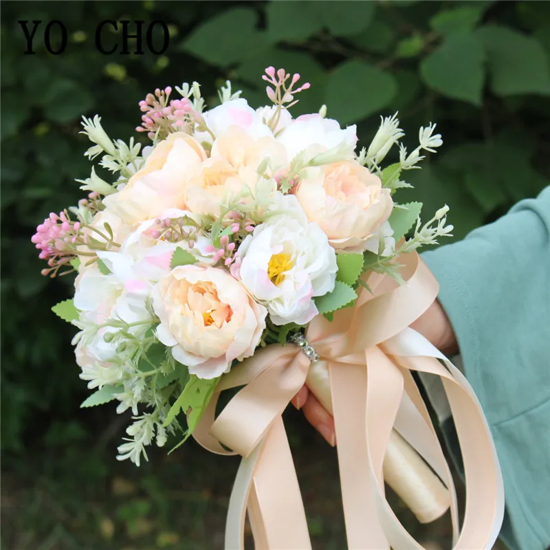 YO CHO Bridal Bouquet Flower Artificial Silk Peony Champagne White Flower Bouquet Handmade Peony Bridesmaids Wedding Bouquets