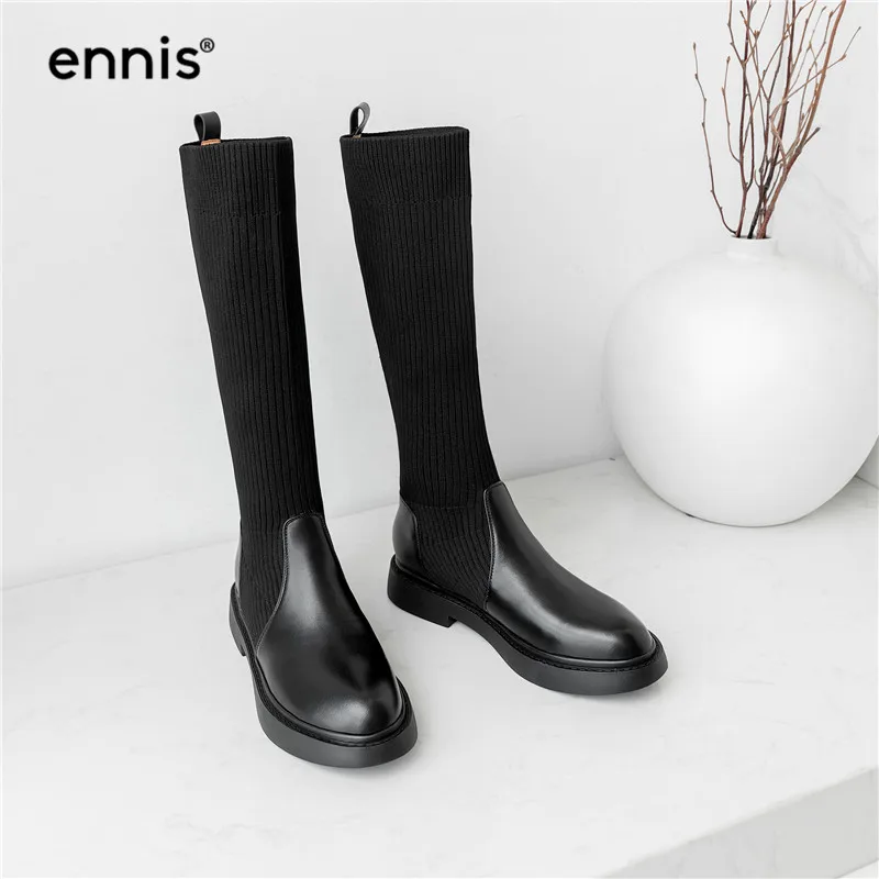 ENNIS/ г.; зимние сапоги; женские черные сапоги до колена; вязаные эластичные сапоги из натуральной кожи; Женская Осенняя обувь на плоской подошве; модная обувь; L937