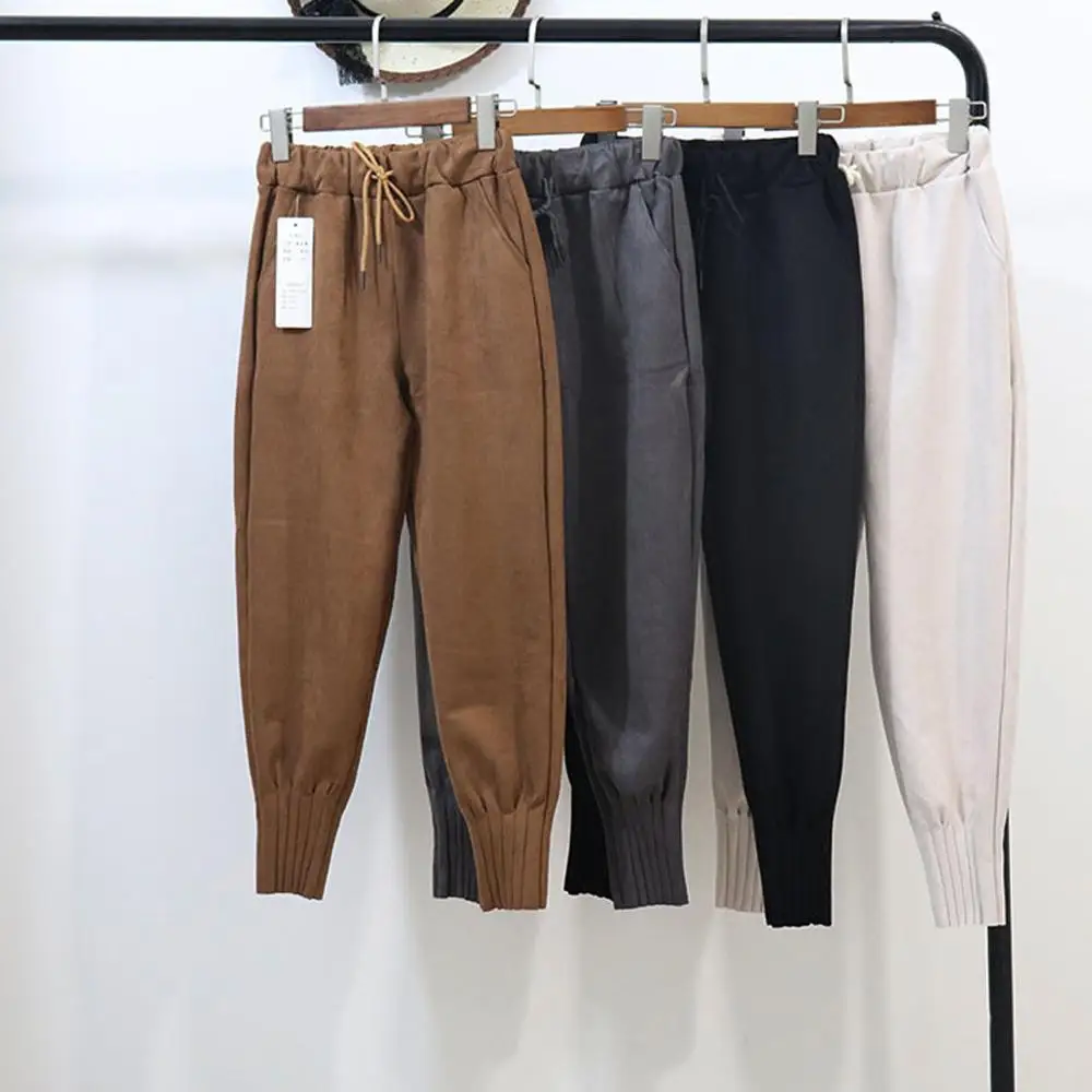 Women Spring Suede Harem Pants High Waist Elastic Pockets Harem Pants Casual Autumn Loose Plus Size Trousers Streetwear photo