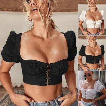

Fashion 2020 Women Sexy Square Neck Crop Top Ladies Short Sleeve Vest Summer Casual Short Tops Women Clothes Solid Color S-XL