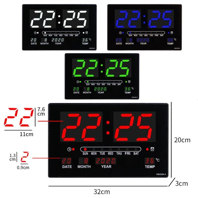 Reloj de pared Digital luminoso, 4 alarmas por hora, calendario de  temperatura, fecha, mesa de escritorio, reloj LED electrónico con enchufe