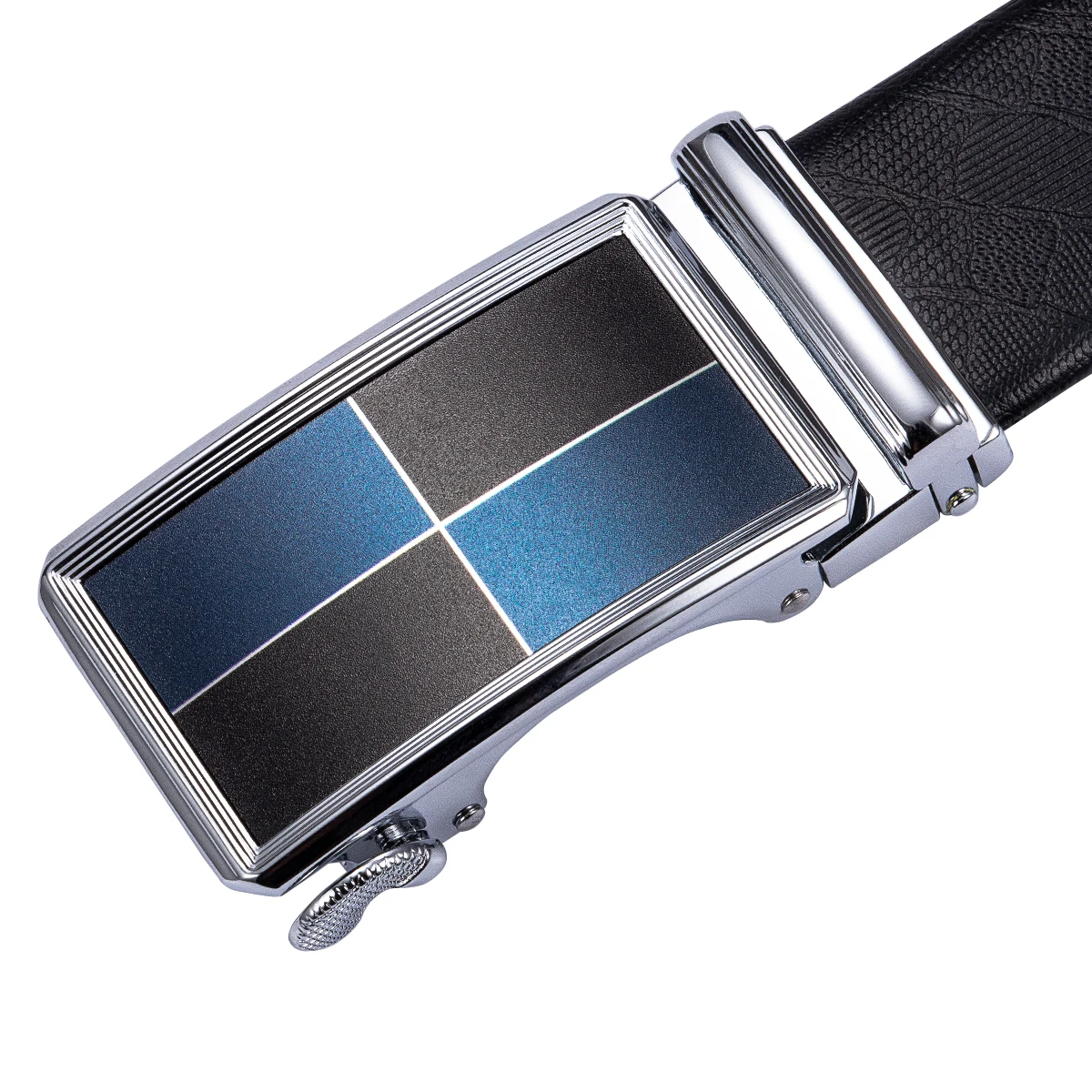 Black Leather Belt for Men Automatic Sliding Buckle Blue Stripe Buckle Waist Strap Changable Belt Gift Set for Male Barry.Wang