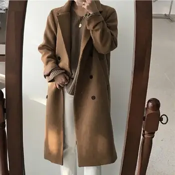 

Korean Solid Turn-Down Collar Woolen Coat Women Fashion Loose Long Overcoat Streetwear Plus Size Coats