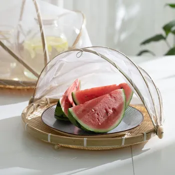

Foldable Net Yarn Bamboo Hand Woven Detachable Storage Household Basket Fruit Vegetable Bread Basket Dust Cover for Kitchen