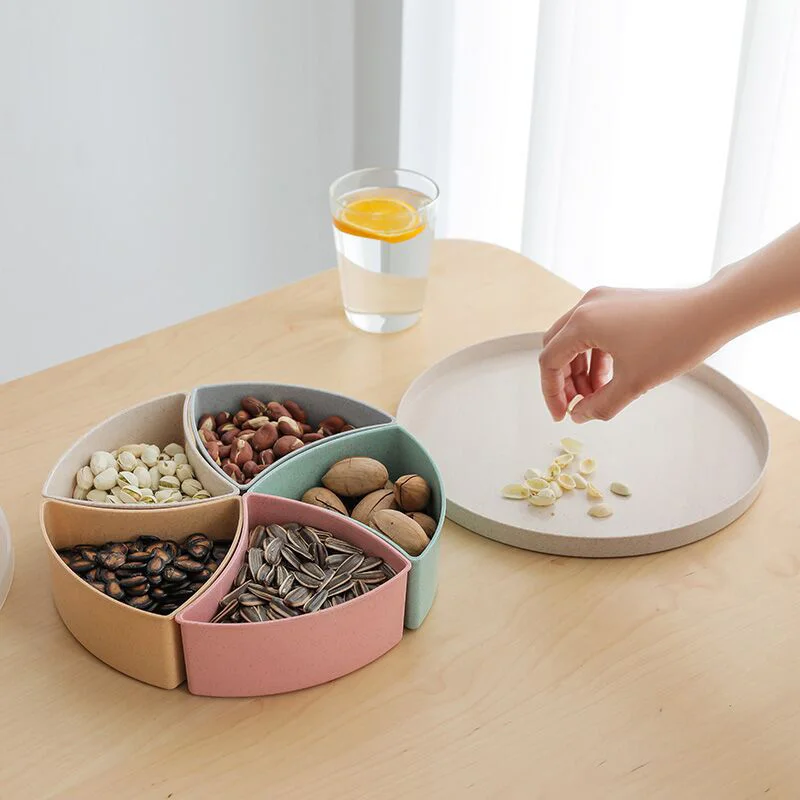 

Tray Storage Organizer Five-Compartment Storage Box Household Desktop Dried Fruit Disk Round Dried Wheat Straw Fruit Tray Box