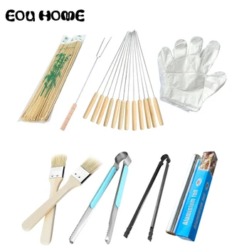 

8Pcs/Set Stainless Steel Wooden Skewers BBQ Tools Outdoor Barbecue Accessories Stainless Steel Baking Clip Carbon Clip Tin Foil