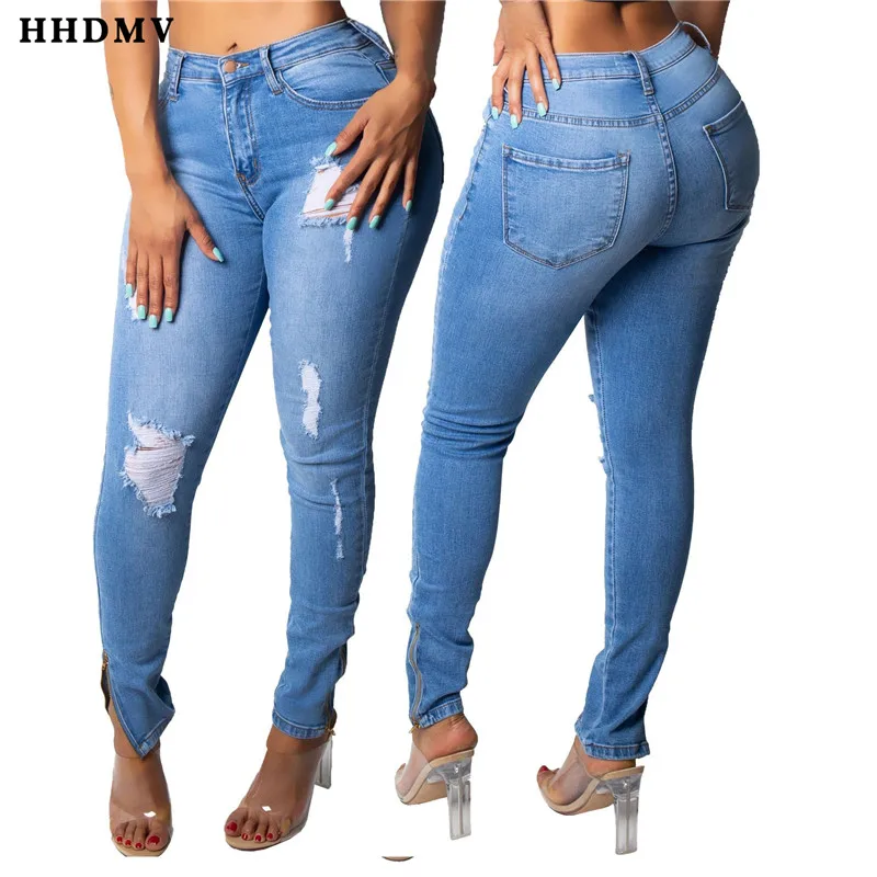 HHDMV GHSF12003 женские новые высокие уличные стильные длинные джинсовые брючные пуговицы рваные карманы узкие джинсовые длинные брюки - Цвет: Небесно-голубой