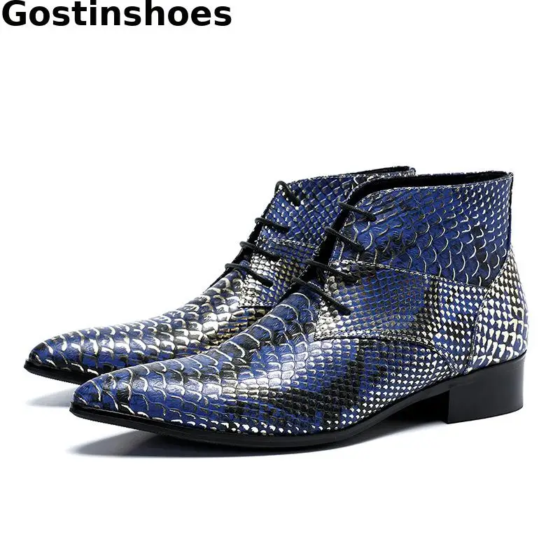 

Fashion Men Martin Boots Blue Snake Skin Printed Genuine Leather Short Ankle Boots Men Lace Up Pointed Men Leather Boots