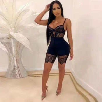 

2019 Black Sexy Spaghetti Strap Bandage Playsuits Women Fashion Lace Bodycon V-Neck Solid Color Summer Clubwear Playsuit