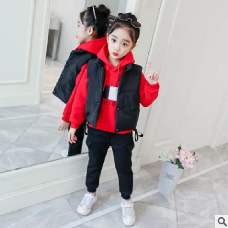 

Girls Vest Clothing Set Winter/Autumn 2019 Kids Hoody Vest Pant Warm 3 Piece Children's Sets 3 Letter Colors Size4-14 ly165