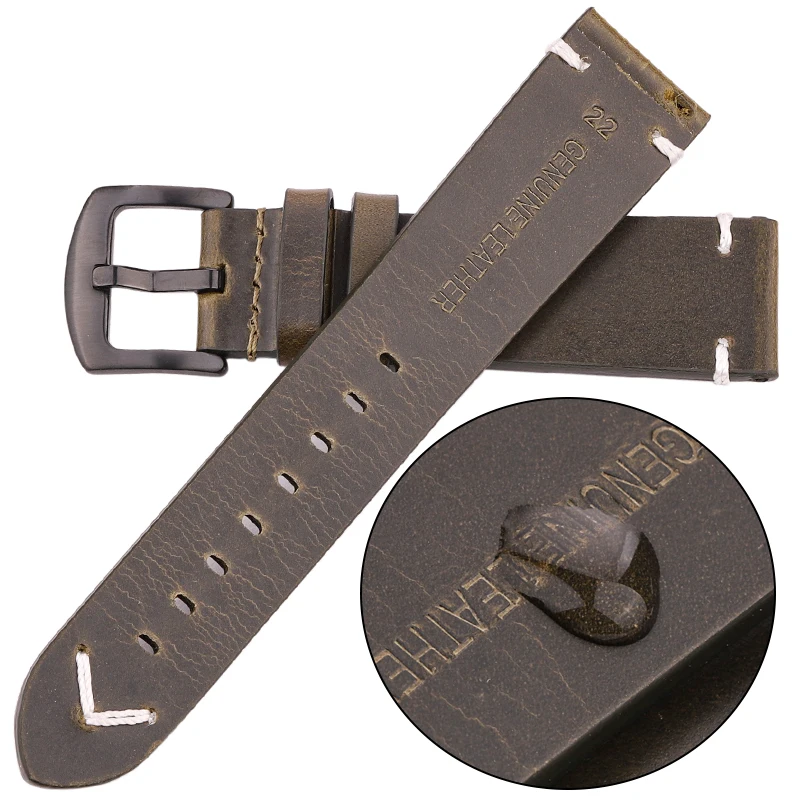 Vintage Genuine Leather Watchband - Handmade Oil Wax Cowhide Strap in 4 Colors