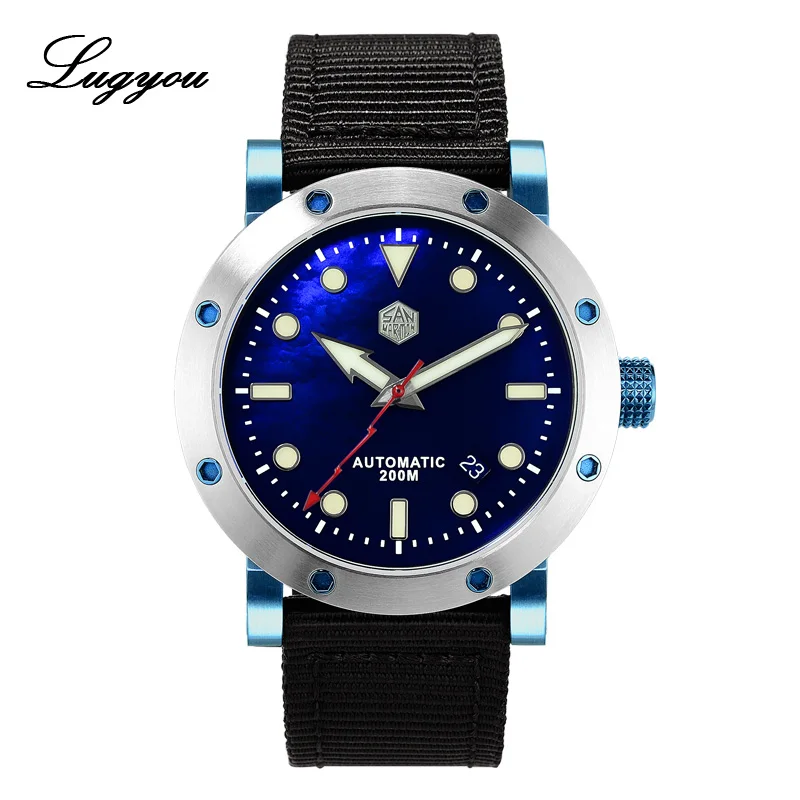 Blue Plated SW200 Lugyou San Martin мужские часы из нержавеющей стали механические PT5000 Водонепроницаемые Синие швабры прозрачные черные нейлоновые ремешок светящиеся стрелки - Цвет: Blue Plated SW200