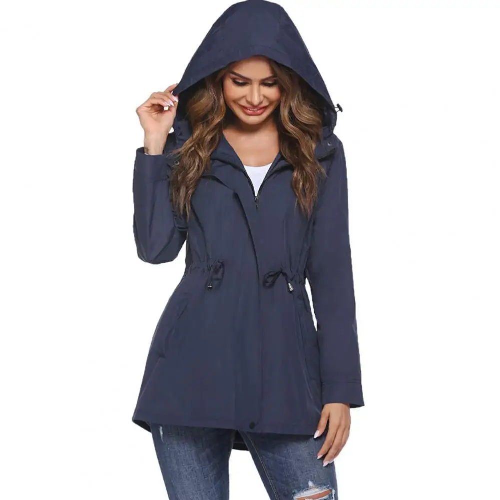 Women Casual Hooded Jackets Autumn Spring Simple Style Solid Color Loose Female Waist Tight Windbreaker Zip Outerwear Coats 1