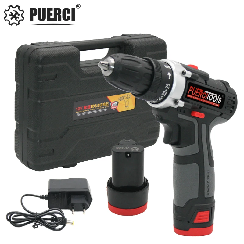 

PUERC DC12 12V Electric Screwdriver Rechargeable Cordless Electric Drill Power Tools Lithium-Ion Battery 3/8-Inch 2-Speed