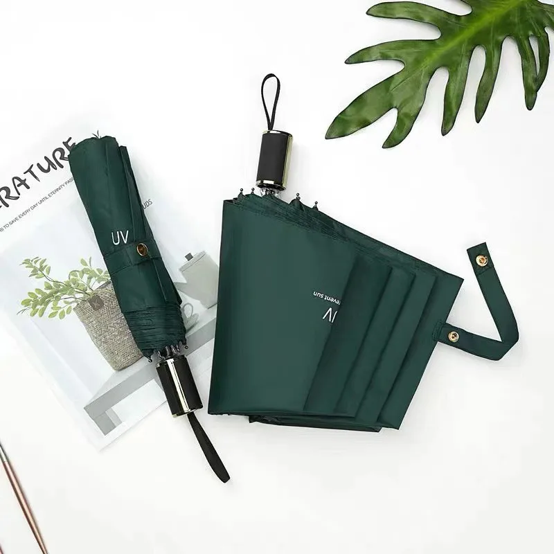 Small Fresh Sunscreen Parasol Student Japanese Solid Color Black Glue Anti-UV 3 Folding Umbrella Rain and Rain Female Gift - Цвет: dark green