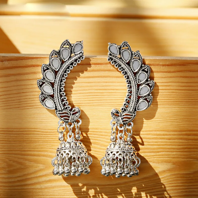 Женские индийские серьги Jhumka, павлин, серебряные металлические Большие колокольчики, Висячие длинные серьги с кисточками для женщин, бохо, цыганский родовой ювелирные изделия