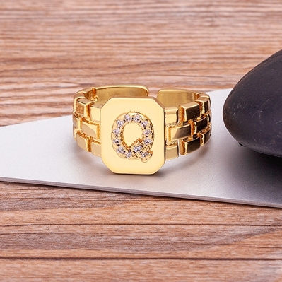 Arrival Fashion Gold Color Initial Ring Open Design Adjustable Hot Sale Watchband Chain A-Z Letters Zircon Rings For Women