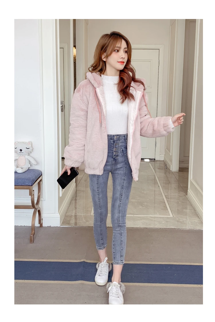 Rurouisbeir Winter New Korean Loose Plush Long Sleeves Velvet Fur Sweatershirt Hooded Jacket Female Coat