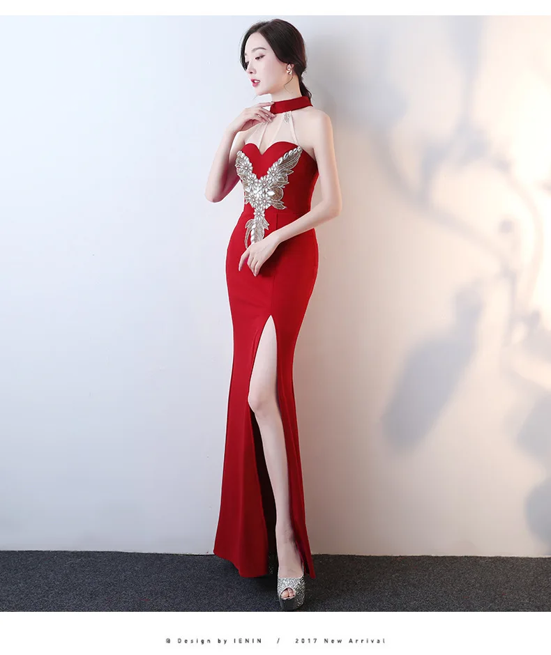 Красное вино Русалка сексуальное длинное Чонсам современный Восточный стиль хост Qi Pao женское китайское вечернее китайское платье-Ципао продвижение Розовая Одежда