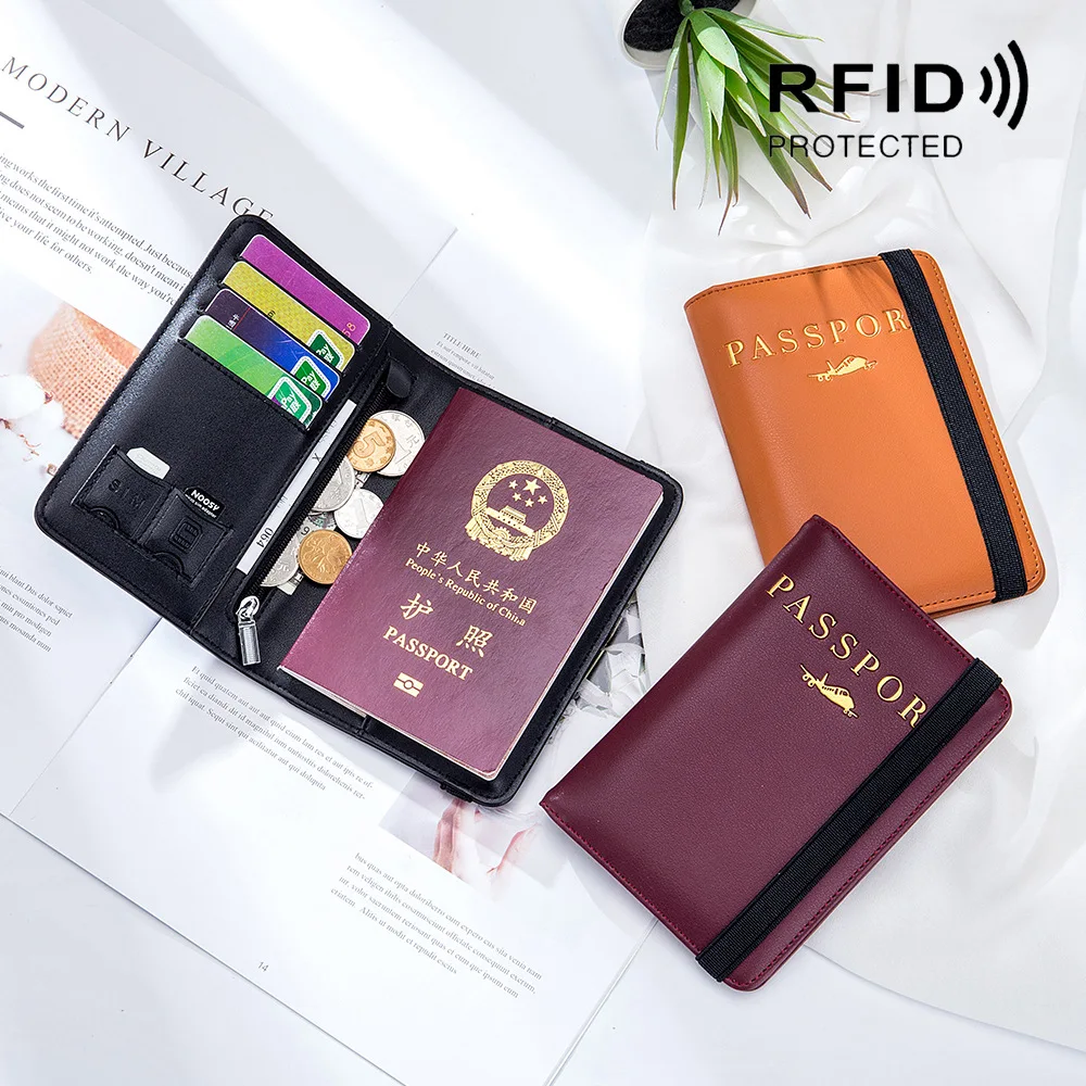 

License Travel Air Ticket Bag RFID Credit Card Holder Elastic Strap Embossed Pattern Slim Split Cow Leather Passport Cover