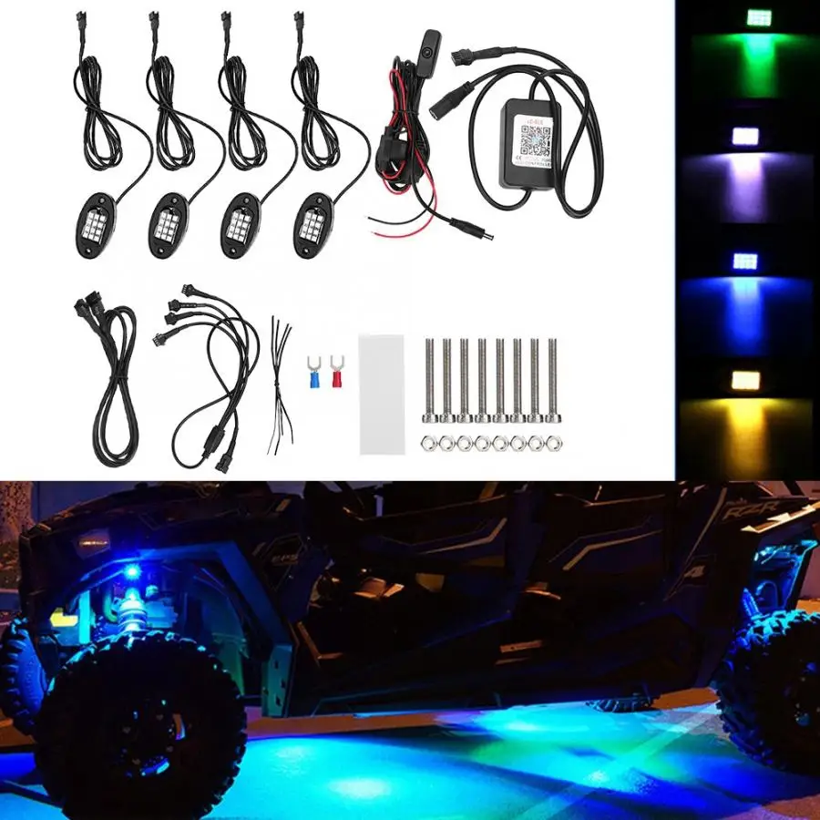 4 шт. RGB светодиодный мигающий Многоцветный рок свет подсветка нижней части света Bluetooth беспроводной