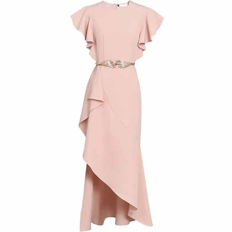 Ruffled Slim Women Long Dress Elegant IIrregular OL Long Evening Party Dress Sash Female Office Lady Bodycon Dress Vestidos