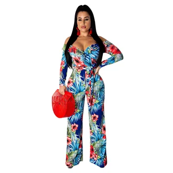 

2019 Autumn Women Fashion Off Shoulder Sexy Jumpsuit Casual Long Sleeve Elegant Rompers Bodysuit Print Overalls Lace Up Jumpsuit