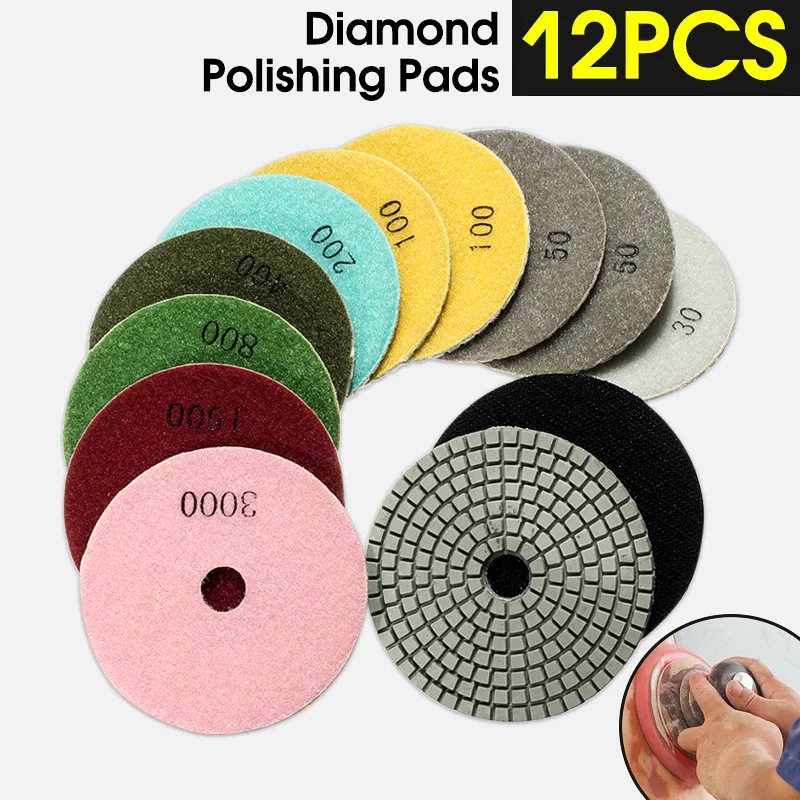 Beste 12 stks set   100mm Schuurmiddelen Nat Droog Diamantslijperij Pads Schuren Disc Grinder Voor Graniet Stone Beton marmer Polijstmachine