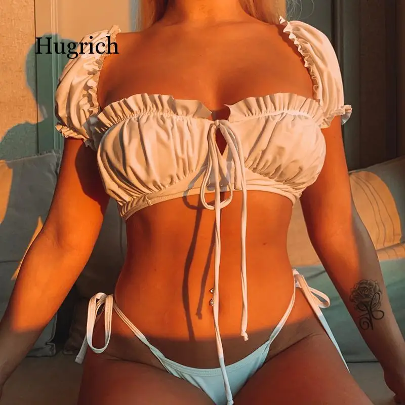 Solid White Ruffle Swimsuit Female Bandeau Bikini 2020 Short Sleeve Swimwear Women Tie Side Bathing Suit High Cut Biquini
