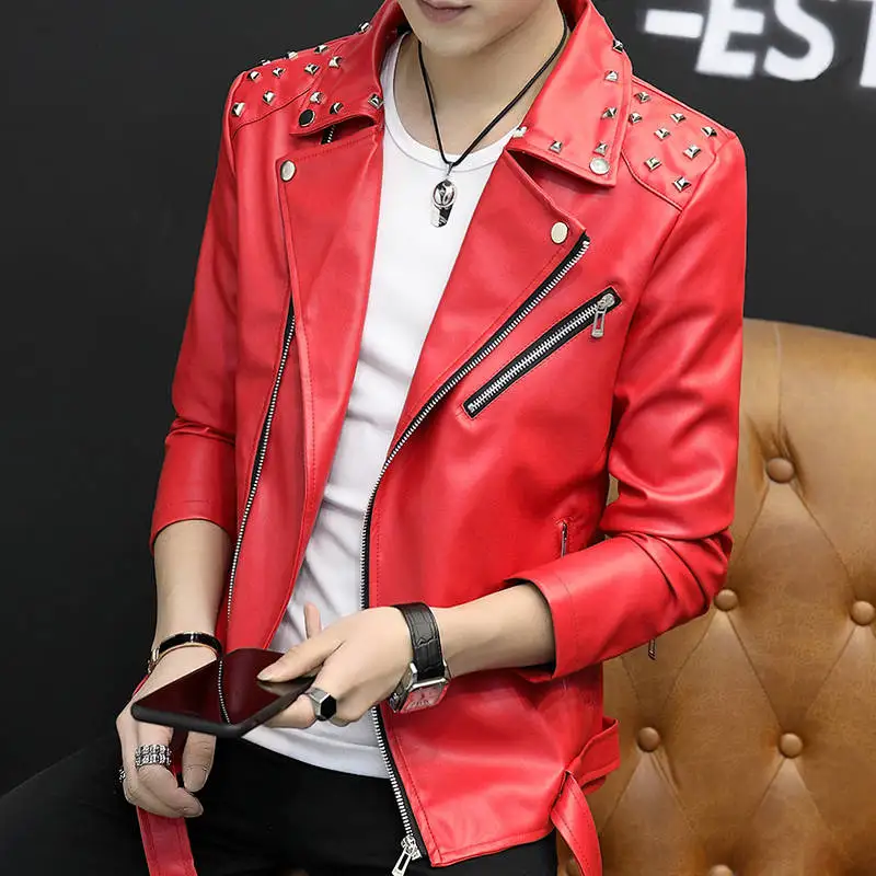 Idopy мужская куртка из искусственной кожи с заклепками, с заклепками, приталенная, с несколькими молниями, верхняя одежда для мотоциклистов, куртка и пальто для мужчин - Цвет: Красный
