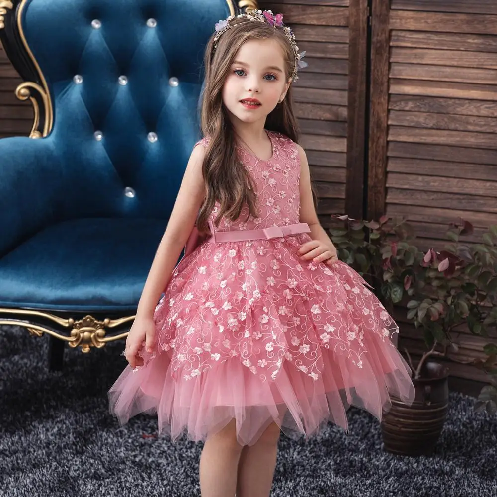 Розовое Кружевное Платье-пачка с цветочной вышивкой Детские вечерние платье для принцессы на день рождения бальное платье без рукавов с бантом