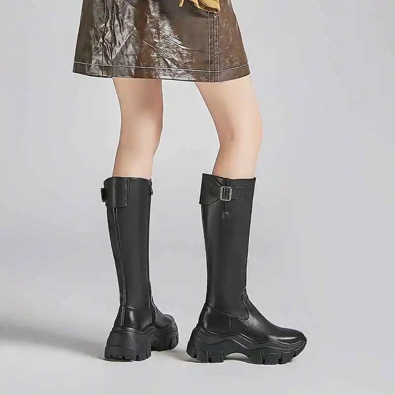 Botas mujer; обувь на высоком каблуке; женские мотоциклетные ботинки из коровьей кожи на толстой подошве; металлические застежки-пряжки сохраняющие тепло сапоги