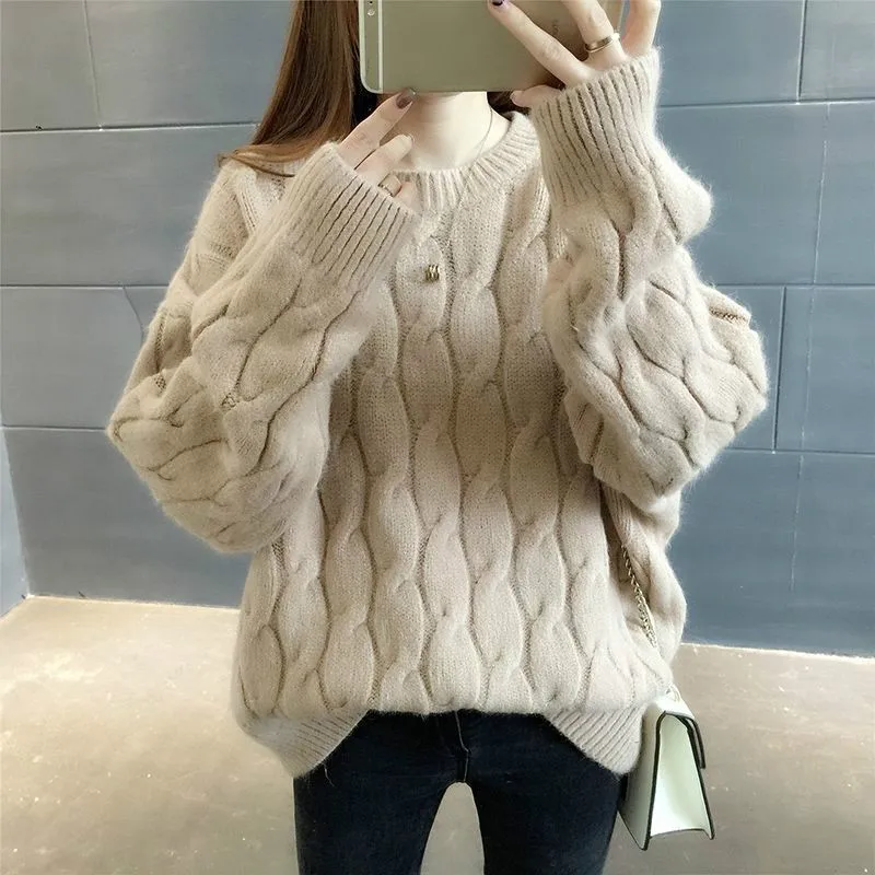 Apricot Neploe/корейские новости, свободная однотонная трикотажная женская зимняя одежда, Пуловеры с круглым вырезом, Модный милый стильный свитер 45575 - Цвет: Apricot