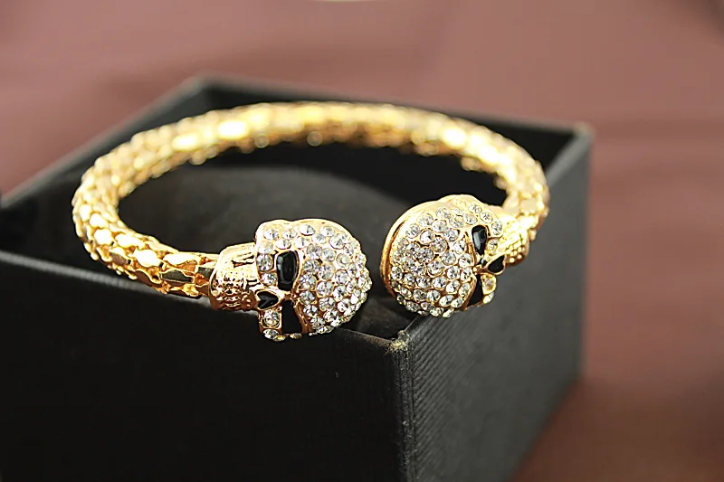 

Punk Skull Crystal Open Bangle For Men f othic Double Skull Heads Cuff Bracelets Men's best charms shiny Jewelry