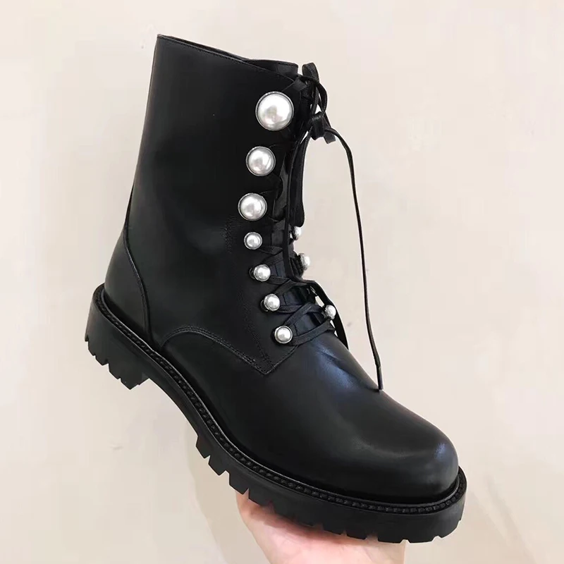 Женские ботинки с шипами и жемчугом; женская обувь на шнуровке; Zapatos De Mujer Falts Botas Mujer; женская обувь до середины икры; выразительные Ботинки martin - Цвет: AS PIC