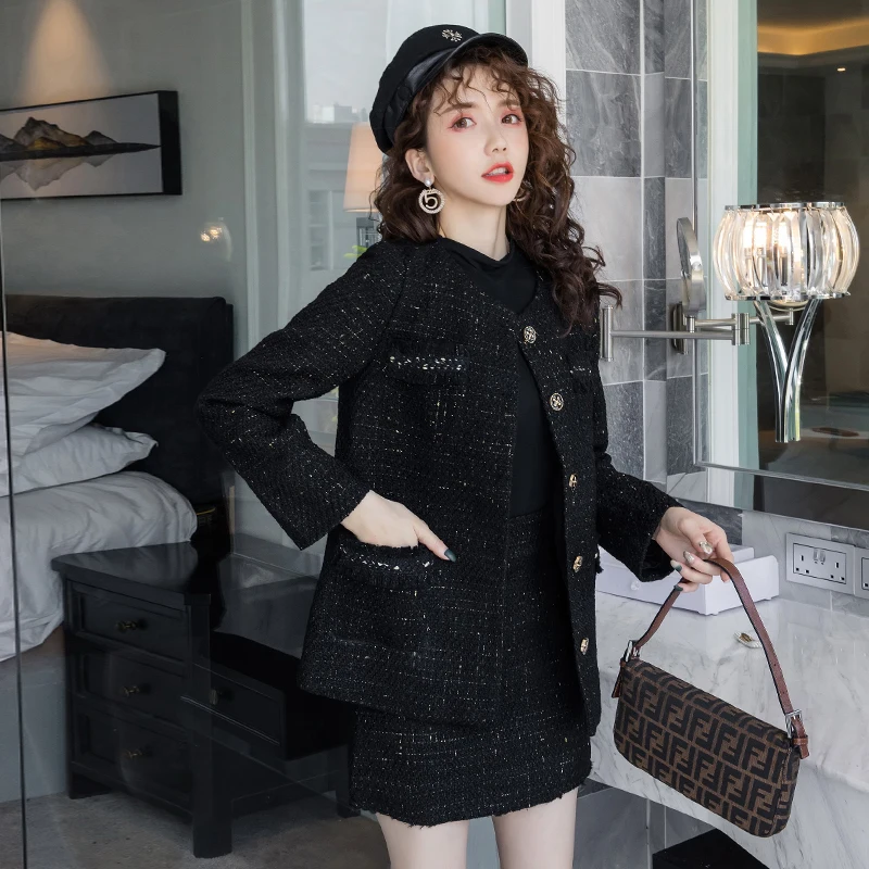 Black Tweed Blazer Skirt Two Piece Sets Autumn Winter New Ladies Tweed Jacket+ Skirt Coat Women Suits Clothes Wholesale