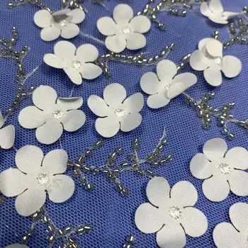 

newest style White embroidery net tulle mesh lace fabric with full beads JOY-31510 french style seuqins lace for wedding dress