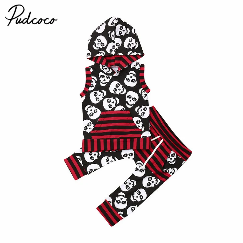 

2019 Halloween Clothes Infant Baby Boys Hooded T-Shirt Tops+Pants Halloween Skull Outfits 2Pcs Toddler Clothes Set 1 to 6Y