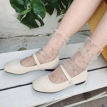 

Korean Ultra-thin Tulle Socks Women Transparent Print Flower Socks Femme Chiffon Long Funny Socks Streetwear Calcetines Majur