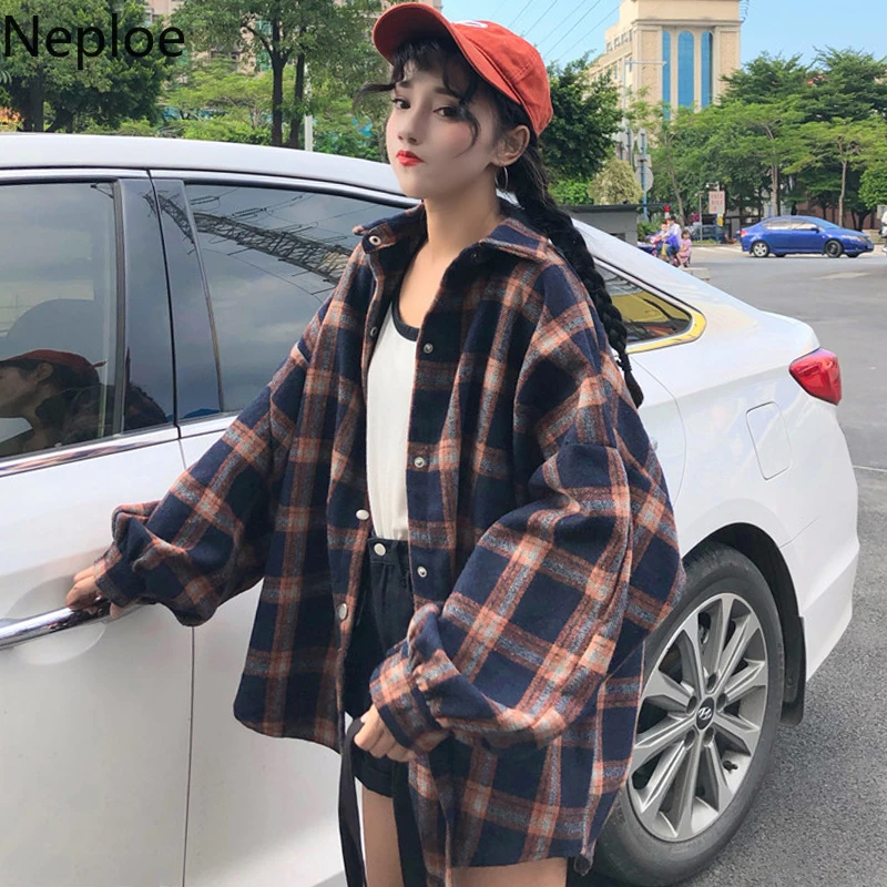 Neploe корейский Harajuku стиль винтаж Студенческая блузка куртка женская Свободная Повседневная клетчатая рубашка осень фонарь рукав Blusas 46024