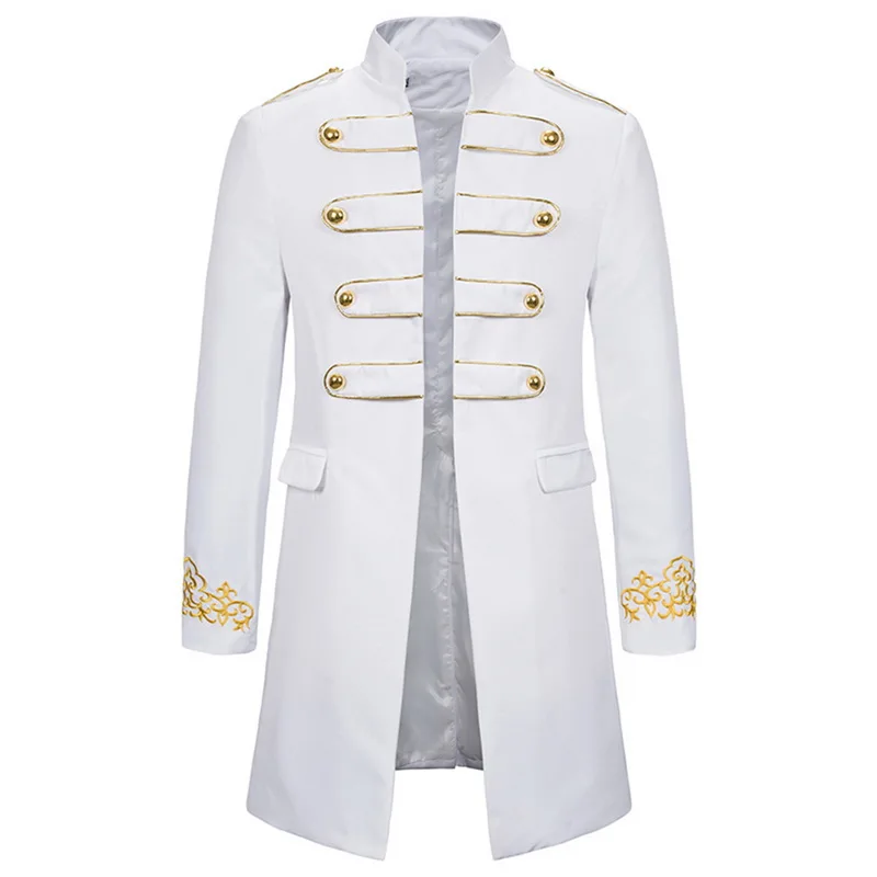 white Винтажный Мужской плащ с вышивкой, повседневный стимпанк фрак, Готическая униформа, длинные пальто для мужчин, сценический Классический Тонкий костюм-Тренч - Цвет: white