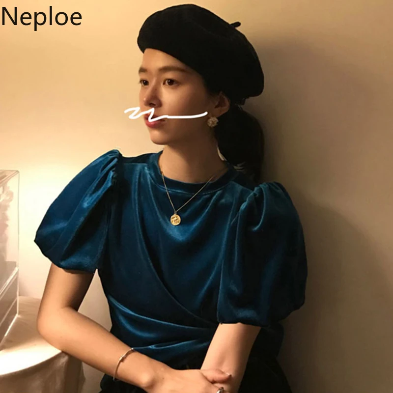 Neploe/корейская модная пышная футболка с длинным рукавом и круглым вырезом, 2 предмета, бархатные Лоскутные футболки, осень-весна, топ в стиле ретро, 48029