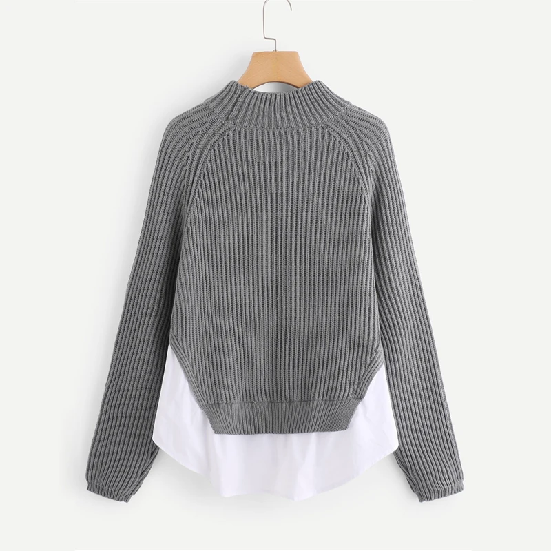 Dotfashion/Повседневный серый свитер с рукавом реглан для женщин, осень, лоскутные Асимметричные свитера с оборками Женские со стоячим воротником, Топ