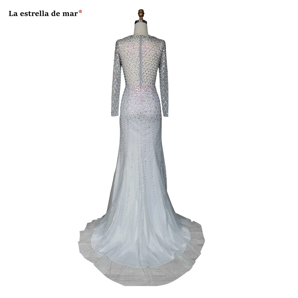 Abendkleid2019 новое из кружева, с вырезом на шее длинный рукав с бисером серебро сексуальное Русалка дубайское вечернее платье длинное avondjurk на