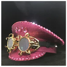Fashion Women Pink Police Hat With Gold Gear Glasses Performance Military Hat Captain Hat Adult Part Hat